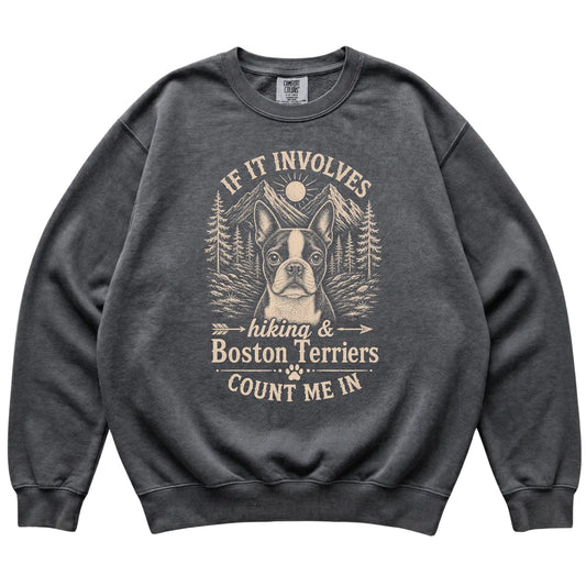 Pepper Comfort Colors® sweatshirt featuring Hiking and Boston Terriers, laid-flat presentation
