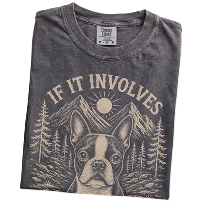 Folded Pepper Comfort Colors® T-shirt showing Boston Terrier hiking design with mountain scenery