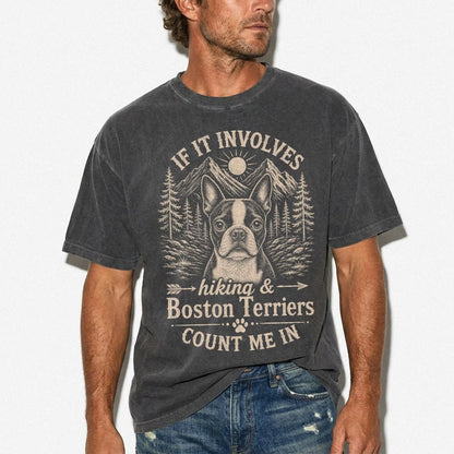 Model wearing a Pepper Comfort Colors® T-shirt featuring Boston Terrier hiking design with mountain scenery