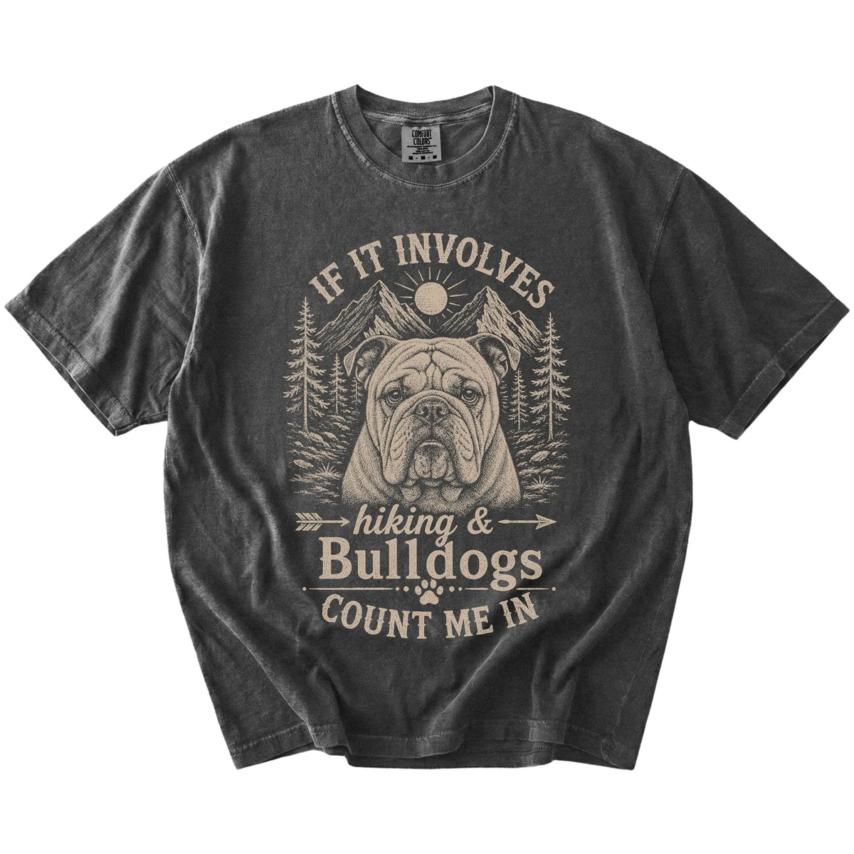 Bulldog hiking design with mountain scenery on a Pepper Comfort Colors® T-shirt
