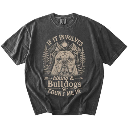Bulldog hiking design with mountain scenery on a Pepper Comfort Colors® T-shirt