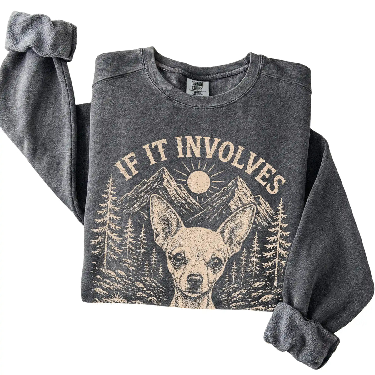 Pepper Comfort Colors® sweatshirt featuring Hiking and Chihuahuas, folded presentation