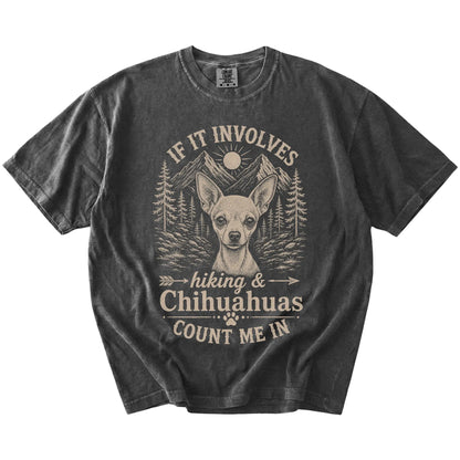 Chihuahua hiking design with mountain scenery on a Pepper Comfort Colors® T-shirt