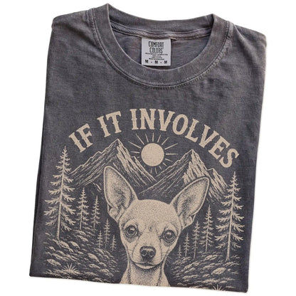 Folded Pepper Comfort Colors® T-shirt showing Chihuahua hiking design with mountain scenery