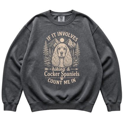 Pepper Comfort Colors® sweatshirt featuring Hiking and Cocker Spaniels, laid-flat presentation