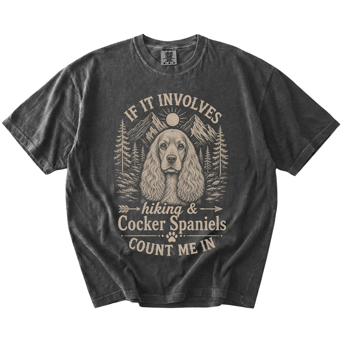 Cocker Spaniel hiking design with mountain scenery on a Pepper Comfort Colors® T-shirt