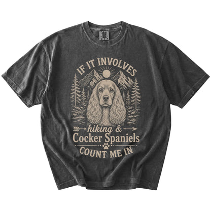 Cocker Spaniel hiking design with mountain scenery on a Pepper Comfort Colors® T-shirt
