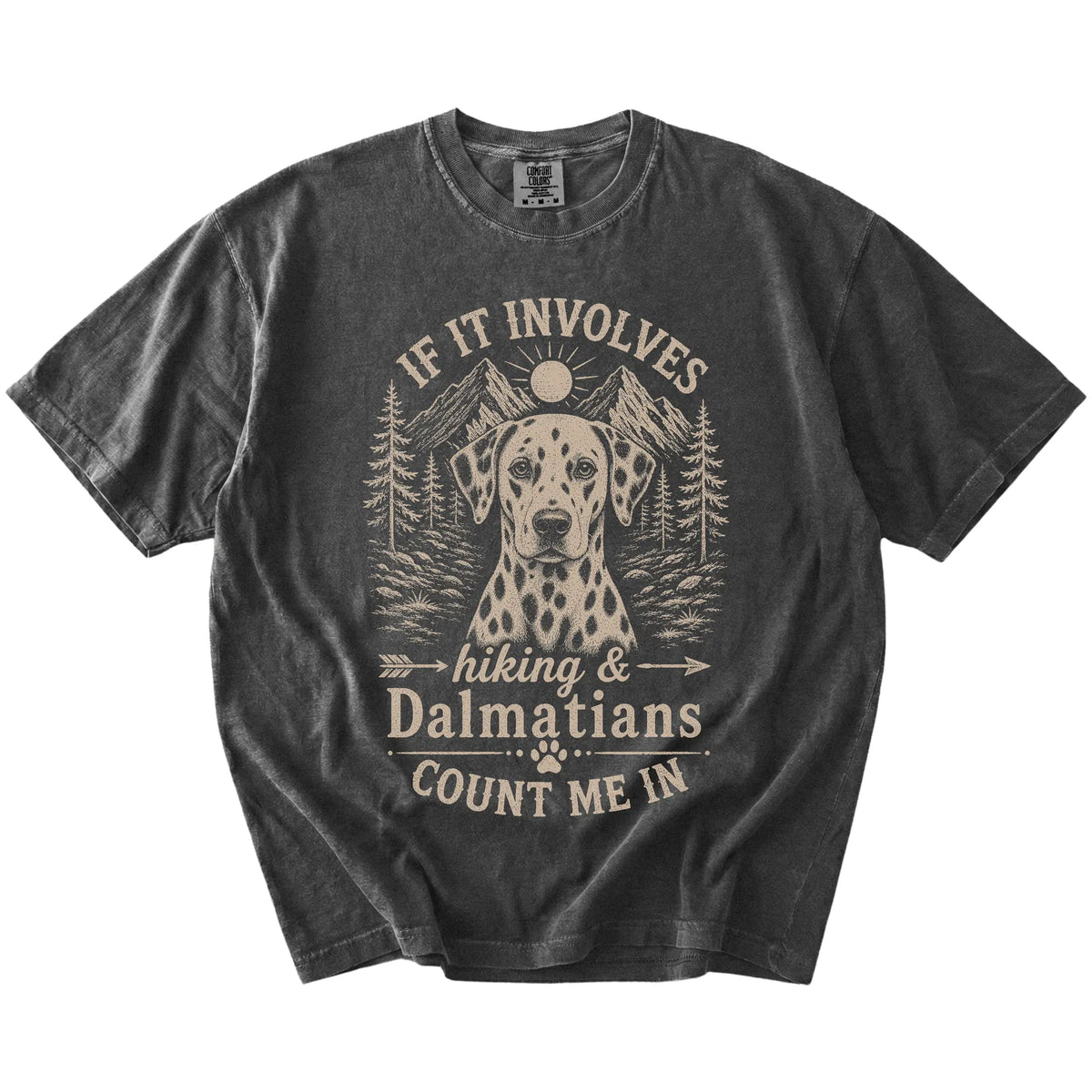Dalmatian hiking design with mountain scenery on a Pepper Comfort Colors® T-shirt