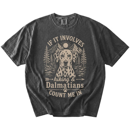 Dalmatian hiking design with mountain scenery on a Pepper Comfort Colors® T-shirt