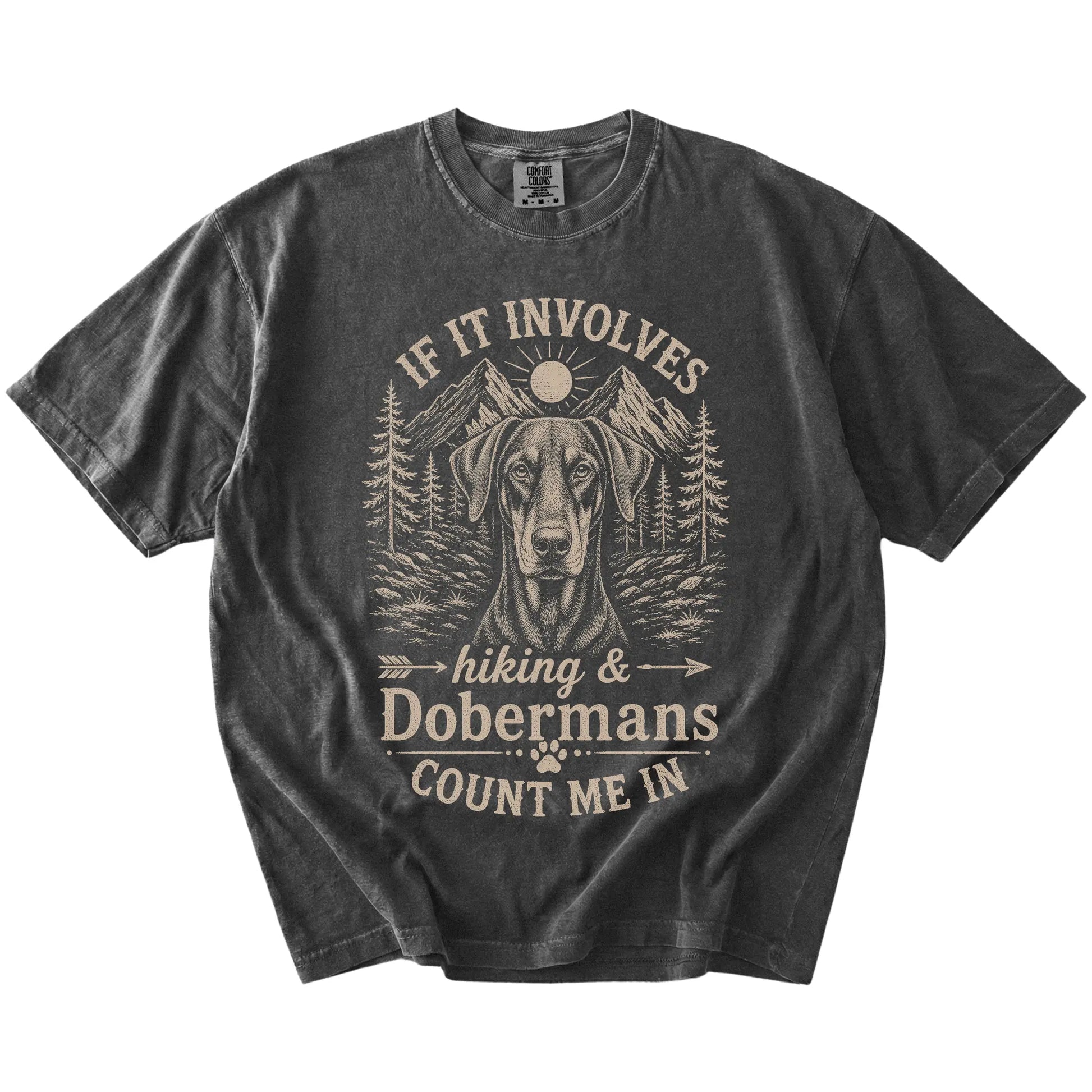 Doberman hiking design with mountain scenery on a Pepper Comfort Colors® T-shirt