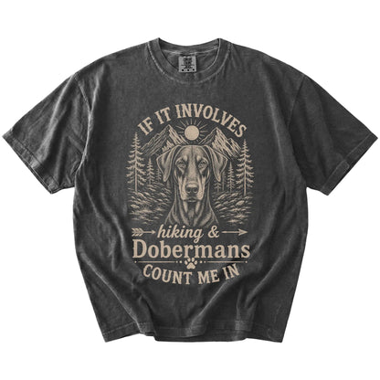Doberman hiking design with mountain scenery on a Pepper Comfort Colors® T-shirt