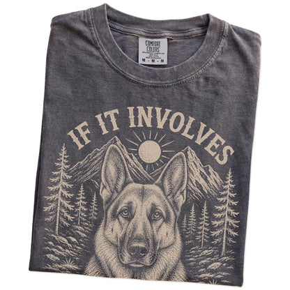 Folded Pepper Comfort Colors® T-shirt showing German Shepherd hiking design with mountain scenery
