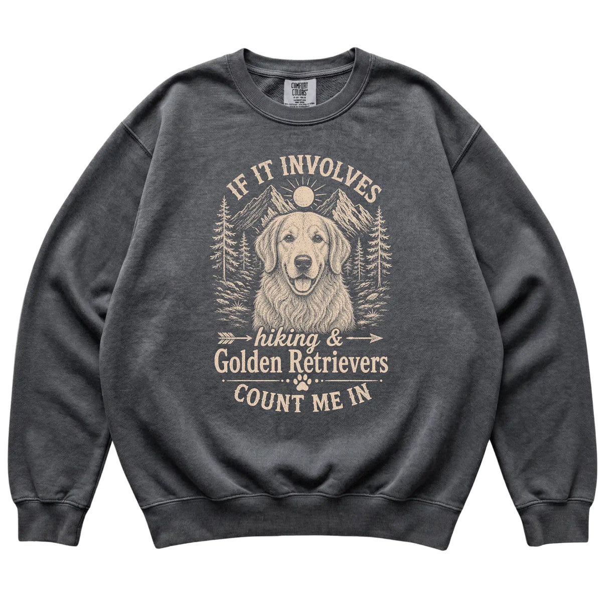 Pepper Comfort Colors® sweatshirt featuring Hiking and Golden Retrievers, laid-flat presentation