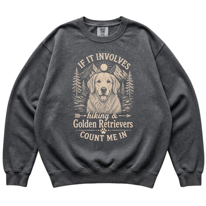 Pepper Comfort Colors® sweatshirt featuring Hiking and Golden Retrievers, laid-flat presentation