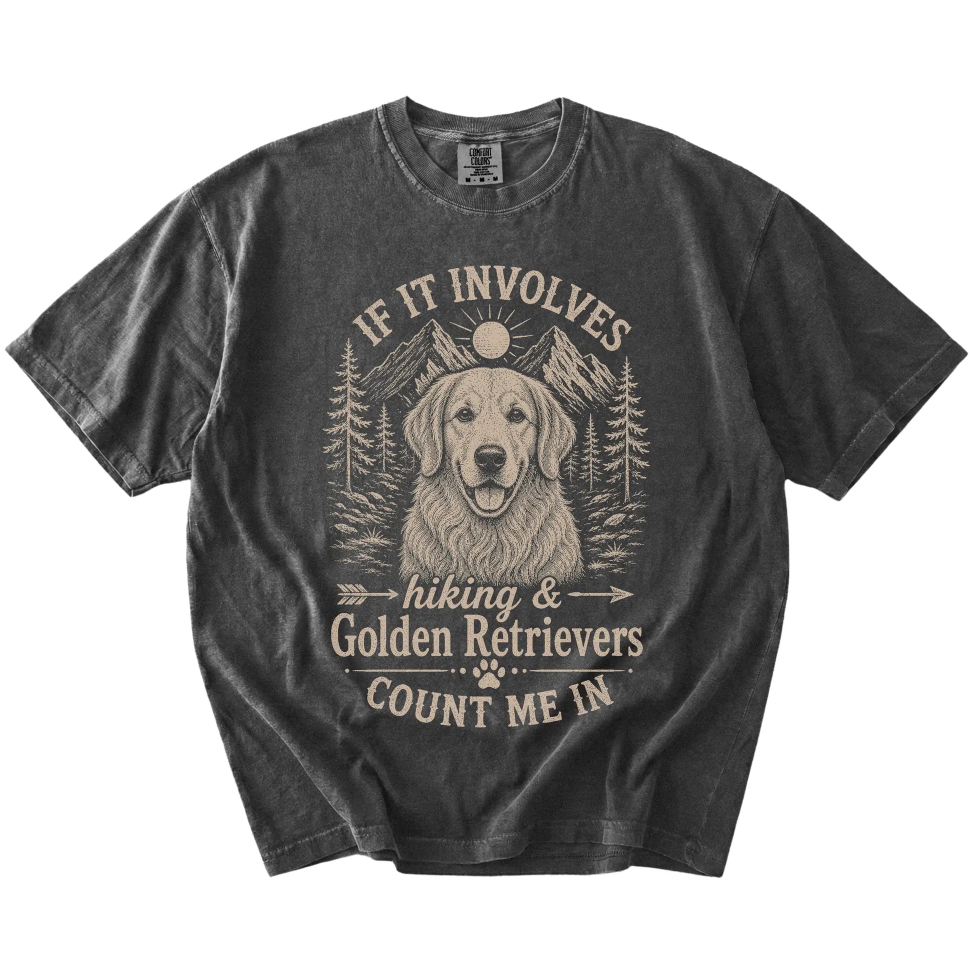 Golden Retriever hiking design with mountain scenery on a Pepper Comfort Colors® T-shirt