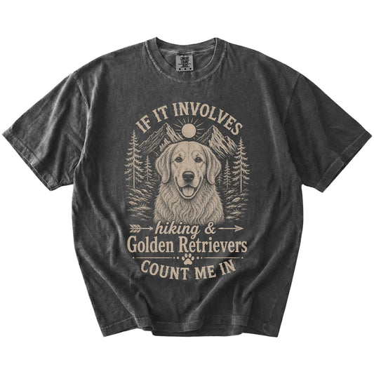 Golden Retriever hiking design with mountain scenery on a Pepper Comfort Colors® T-shirt