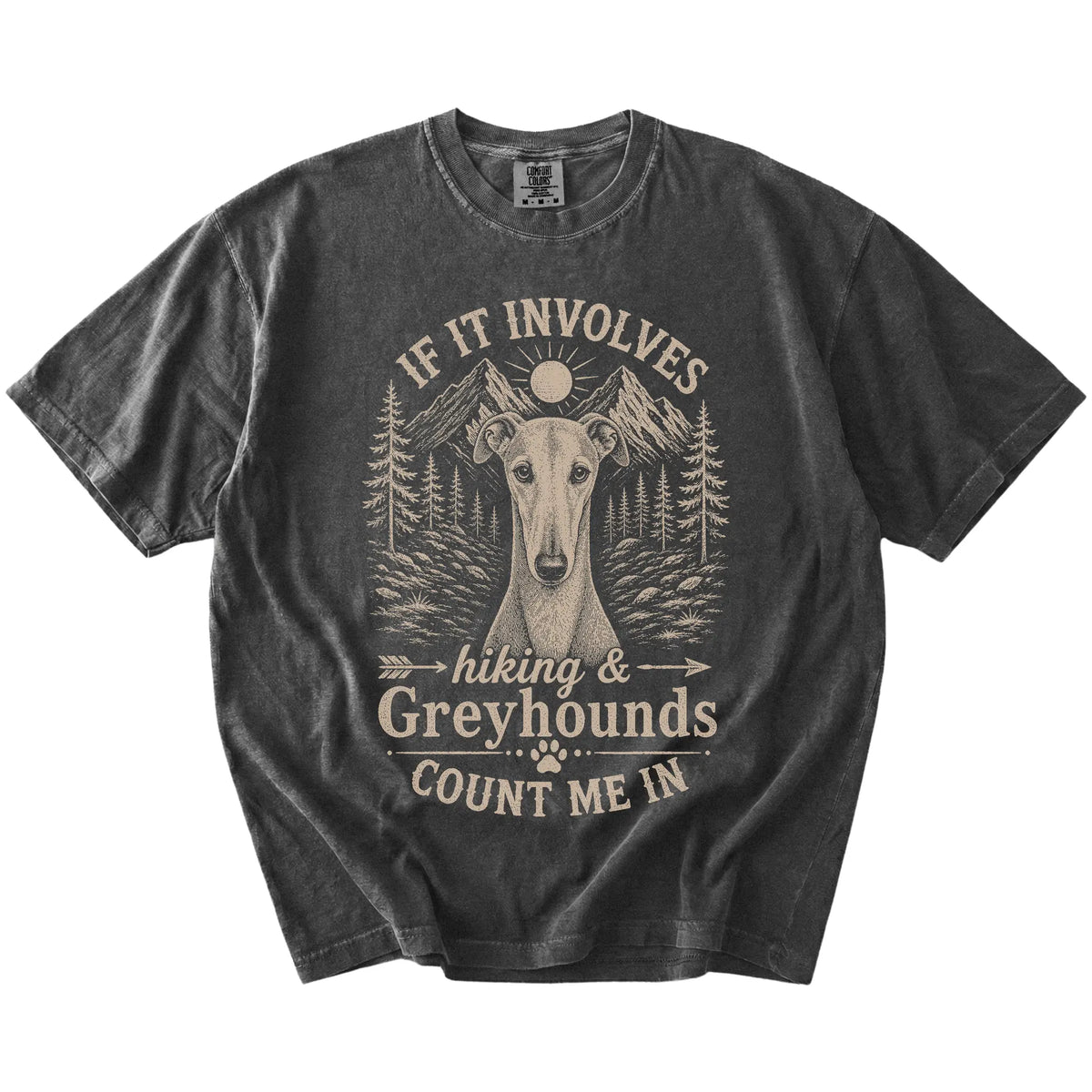Greyhound hiking design with mountain scenery on a Pepper Comfort Colors® T-shirt