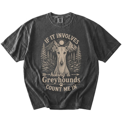 Greyhound hiking design with mountain scenery on a Pepper Comfort Colors® T-shirt