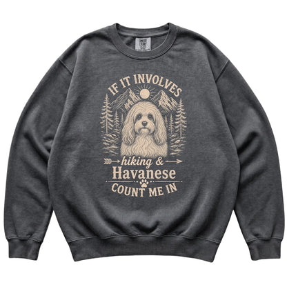 Pepper Comfort Colors® sweatshirt featuring Hiking and Havanese, laid-flat presentation