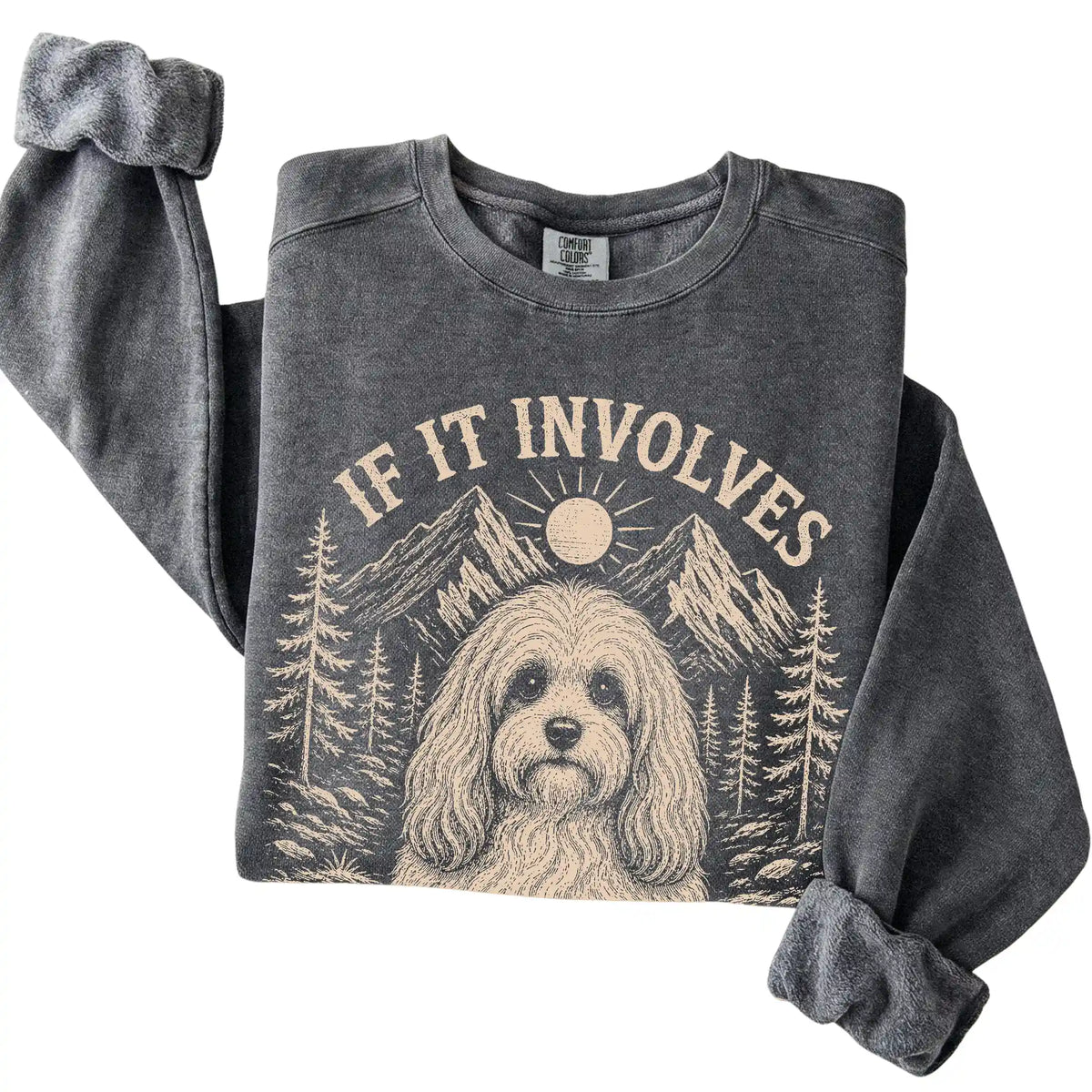 Pepper Comfort Colors® sweatshirt featuring Hiking and Havanese, folded presentation
