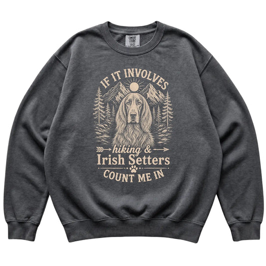 Pepper Comfort Colors® sweatshirt featuring Hiking and Irish Setters, laid-flat presentation