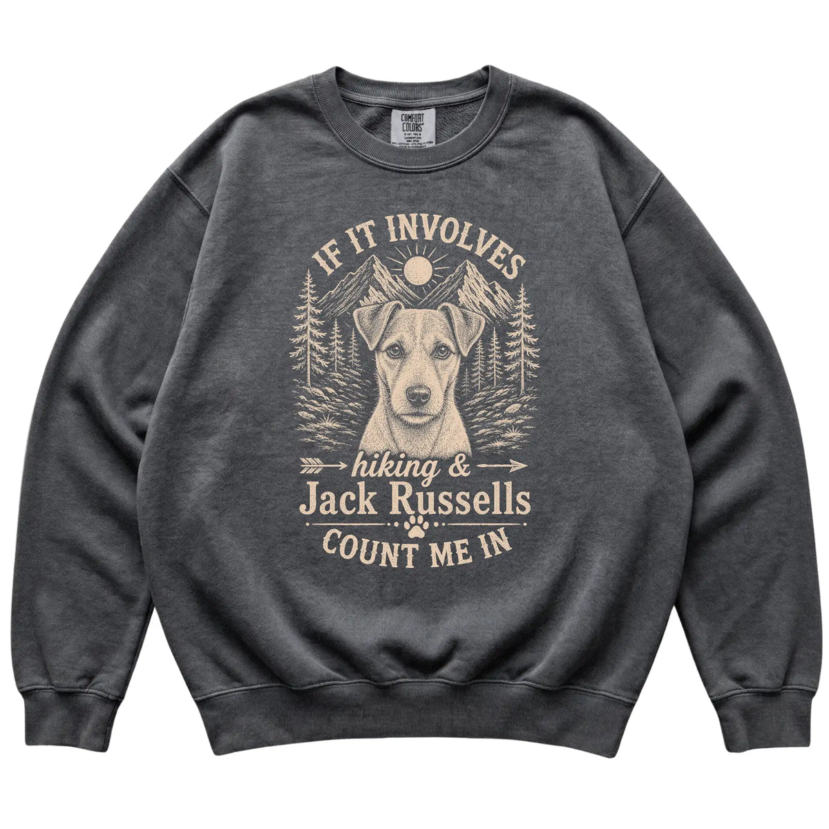 Pepper Comfort Colors® sweatshirt featuring Hiking and Jack Russells, laid-flat presentation
