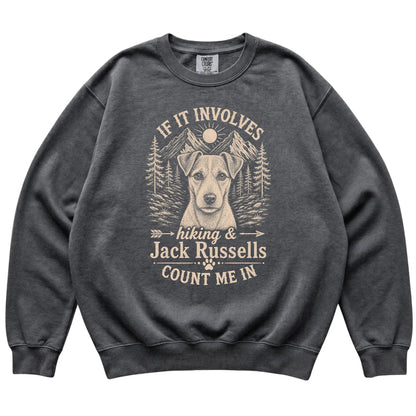 Pepper Comfort Colors® sweatshirt featuring Hiking and Jack Russells, laid-flat presentation