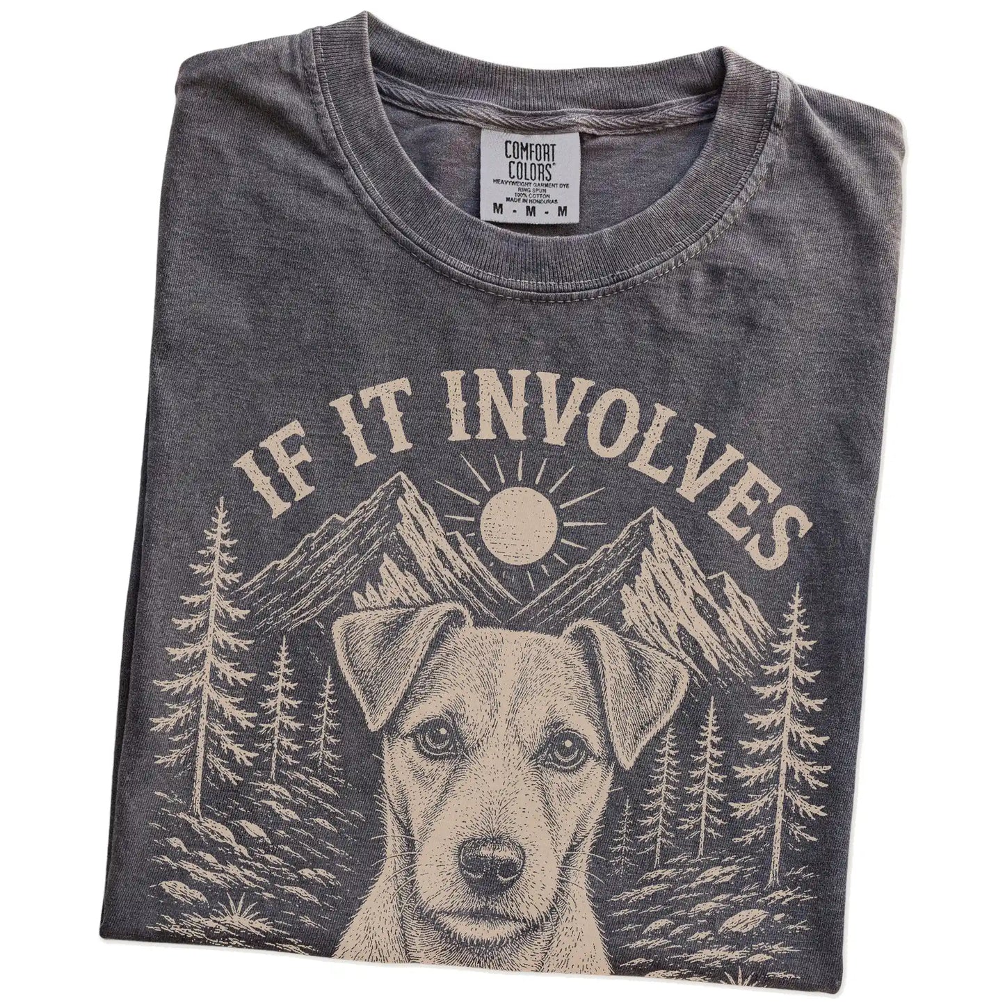 Folded Pepper Comfort Colors® T-shirt showing Jack Russell hiking design with mountain scenery