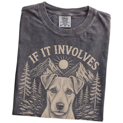 Folded Pepper Comfort Colors® T-shirt showing Jack Russell hiking design with mountain scenery