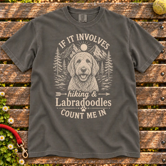 Hiking and Labradoodles design on a Pepper Comfort Colors T-shirt, shown flat