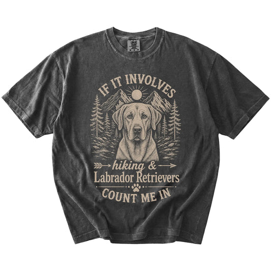 Labrador Retriever hiking design with mountain scenery on a Pepper Comfort Colors® T-shirt