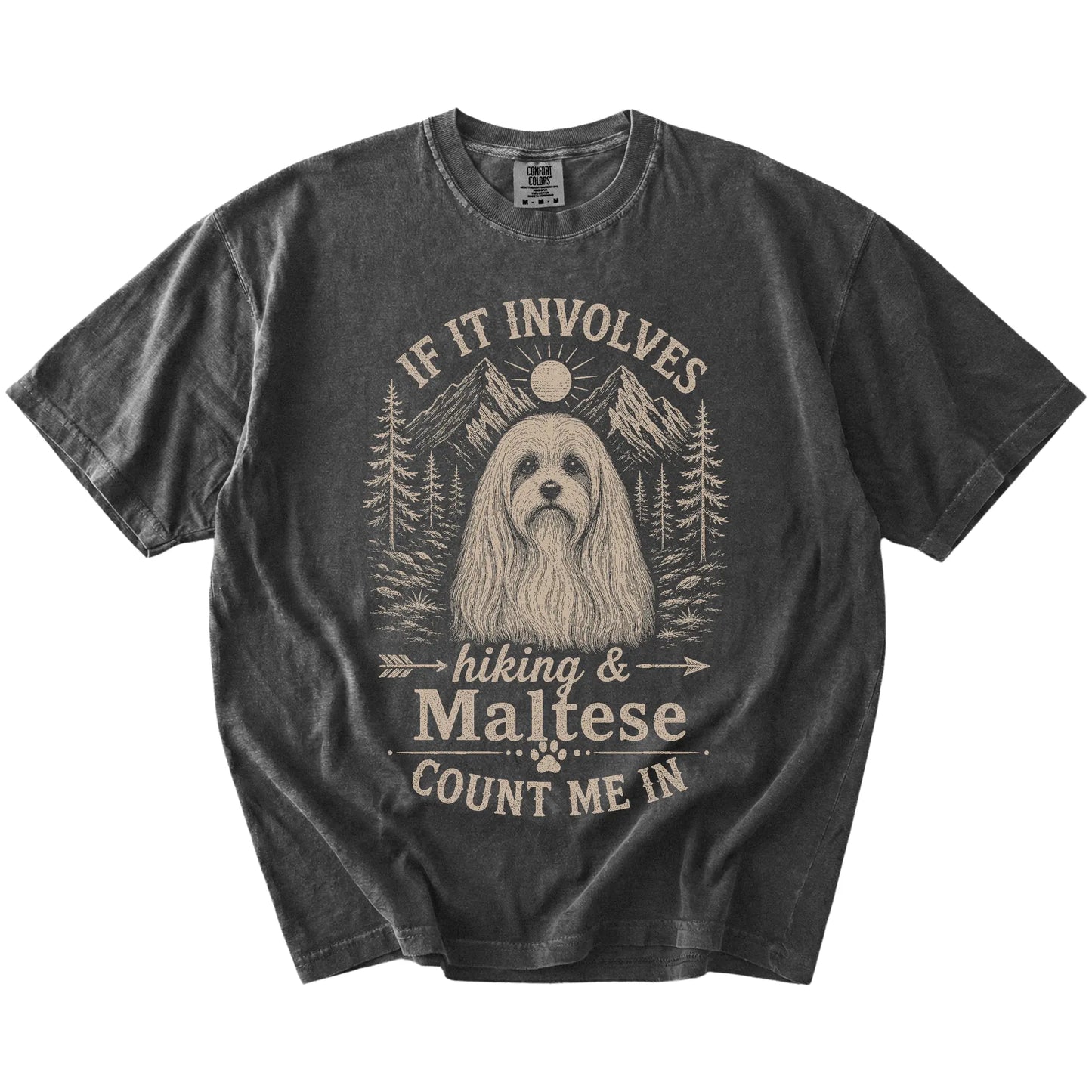Maltese hiking design with mountain scenery on a Pepper Comfort Colors® T-shirt