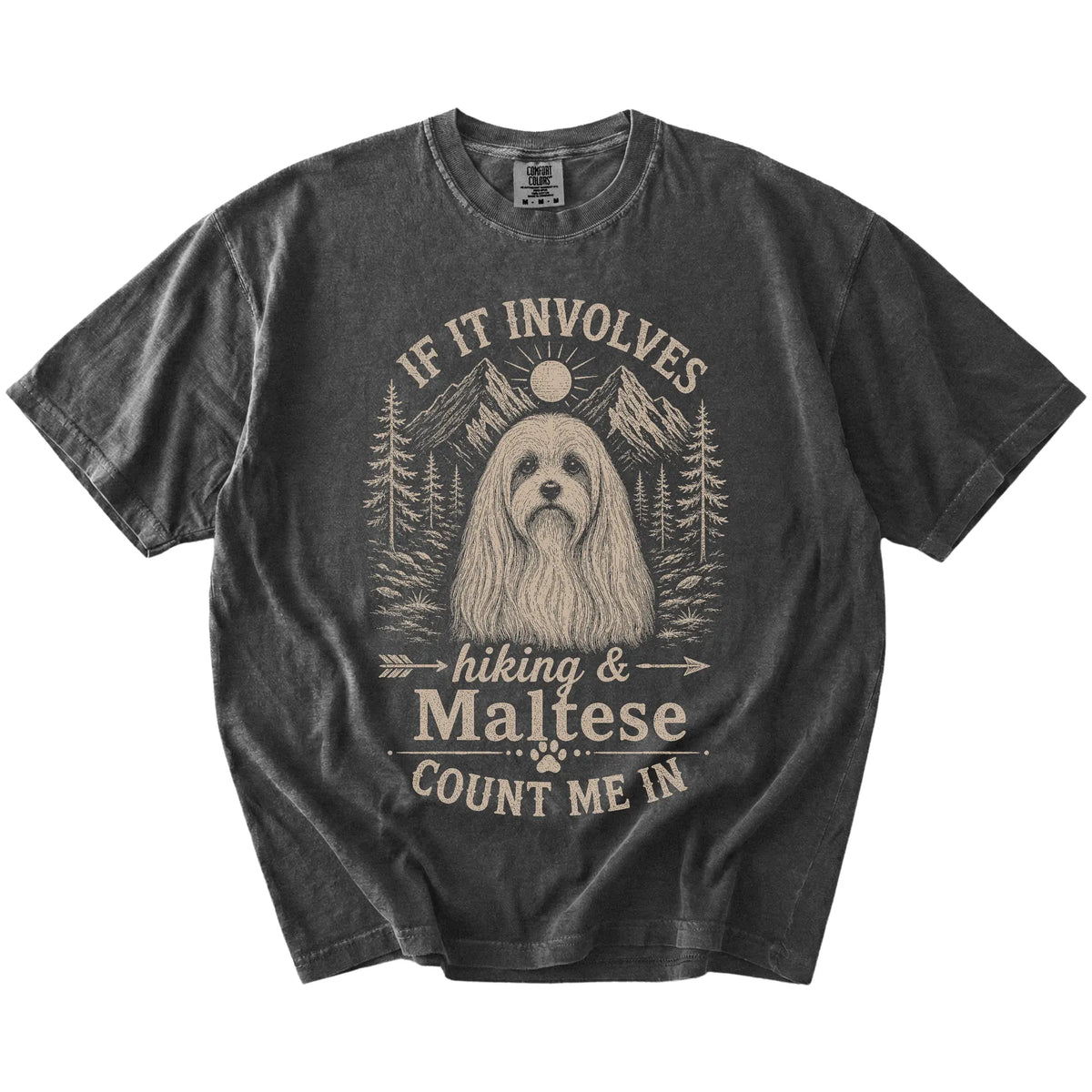 Maltese hiking design with mountain scenery on a Pepper Comfort Colors® T-shirt