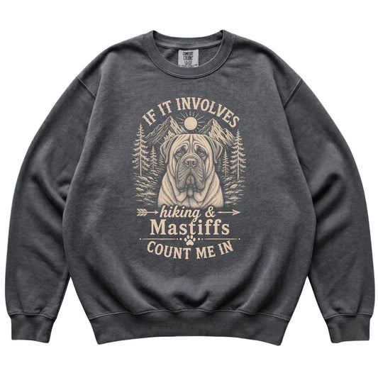 Pepper Comfort Colors® sweatshirt featuring Hiking and Mastiffs, laid-flat presentation