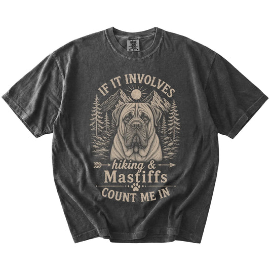 Mastiff hiking design with mountain scenery on a Pepper Comfort Colors® T-shirt
