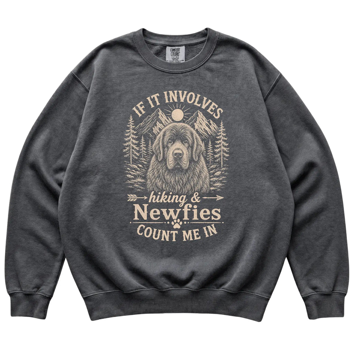 Pepper Comfort Colors® sweatshirt featuring Hiking and Newfies, laid-flat presentation