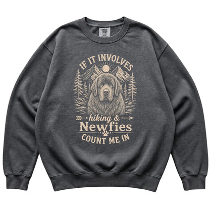 Pepper Comfort Colors® sweatshirt featuring Hiking and Newfies, laid-flat presentation