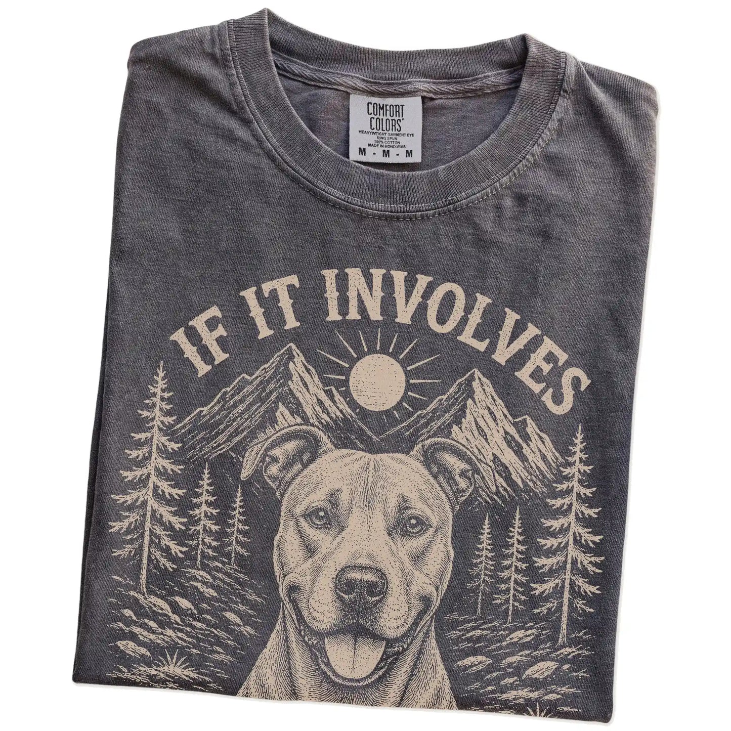 Folded Pepper Comfort Colors® T-shirt showing Pitbull hiking design with mountain scenery