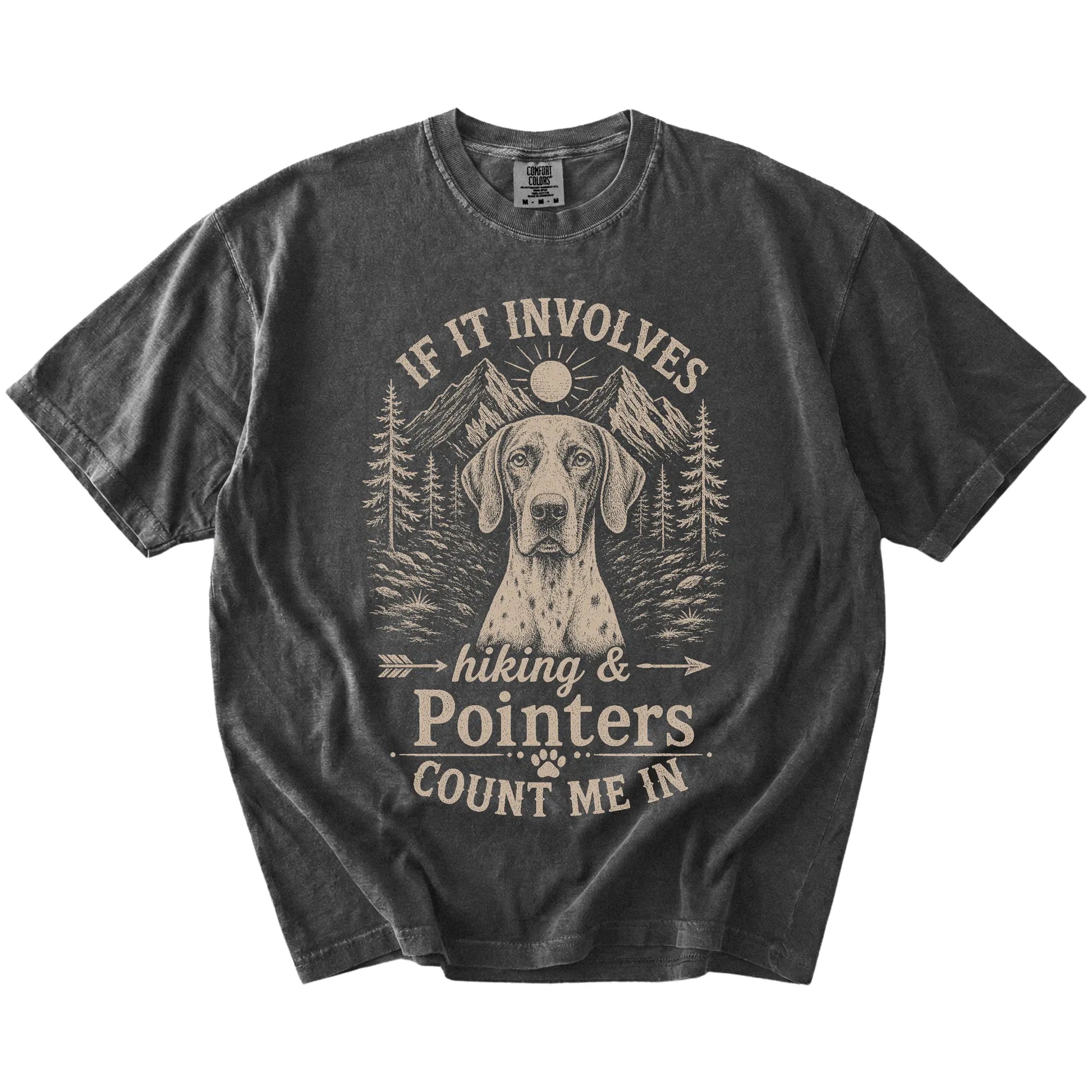 Pointer hiking design with mountain scenery on a Pepper Comfort Colors® T-shirt