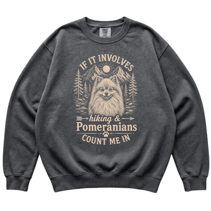 Pepper Comfort Colors® sweatshirt featuring Hiking and Pomeranians, laid-flat presentation