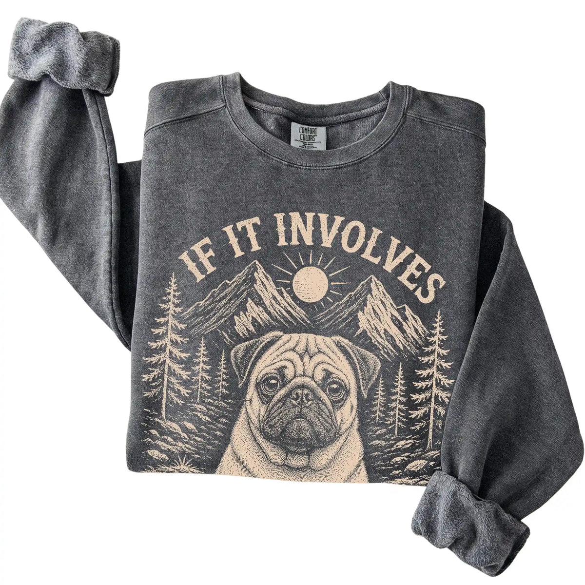 Pepper Comfort Colors® sweatshirt featuring Hiking and Pugs, folded presentation