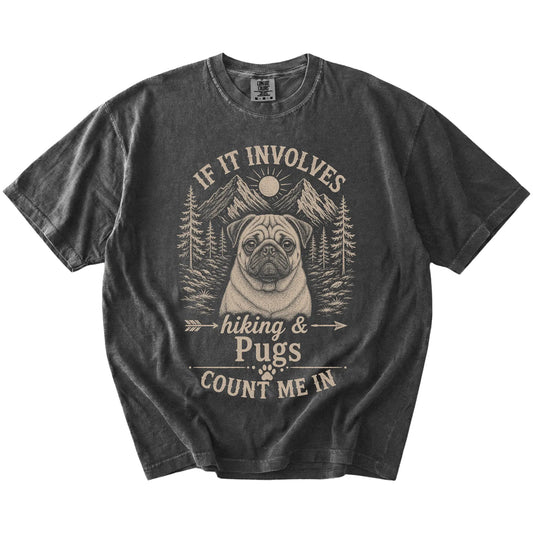 Pug hiking design with mountain scenery on a Pepper Comfort Colors® T-shirt