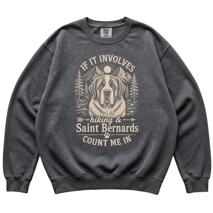 Pepper Comfort Colors® sweatshirt featuring Hiking and Saint Bernards, laid-flat presentation