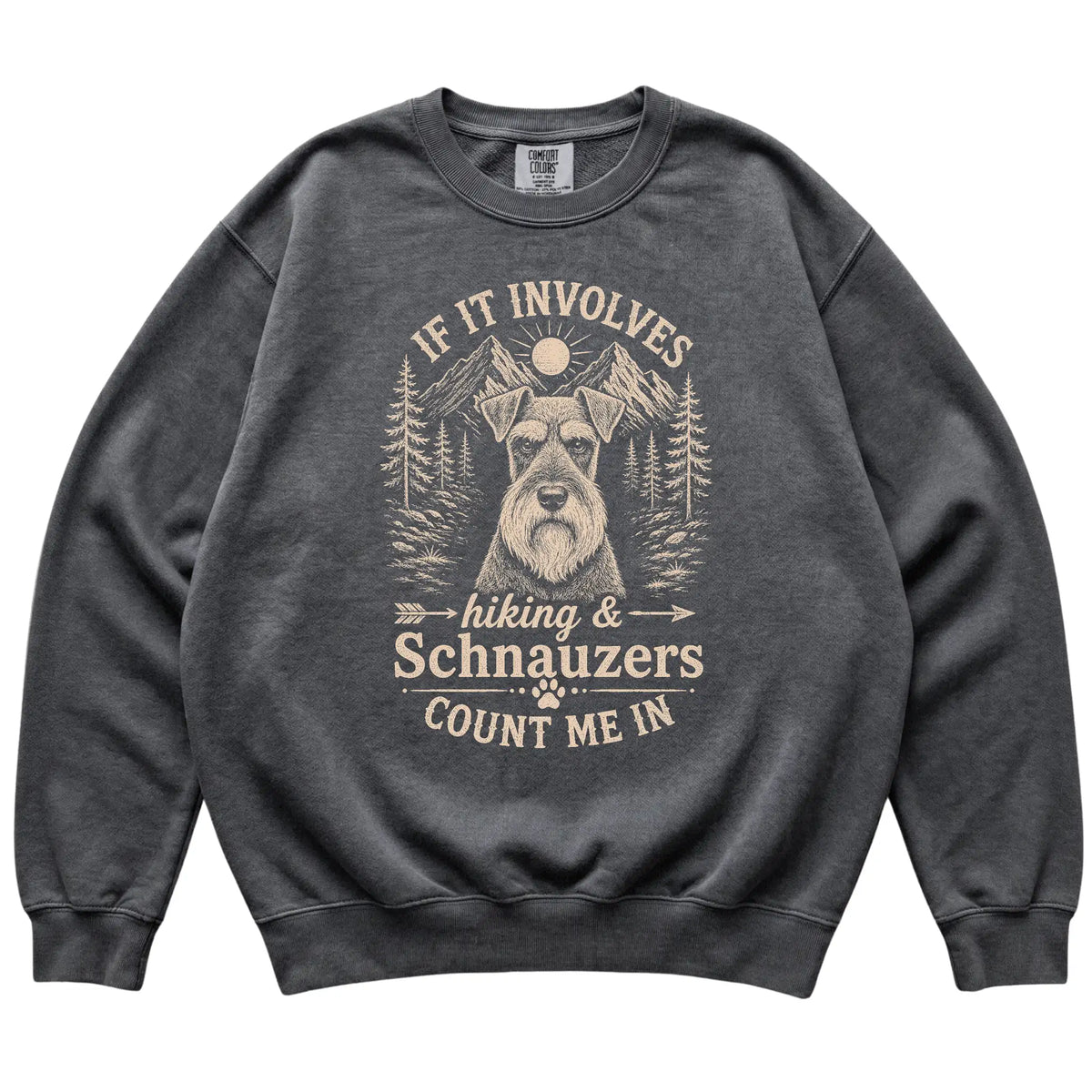 Pepper Comfort Colors® sweatshirt featuring Hiking and Schnauzers, laid-flat presentation