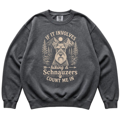 Pepper Comfort Colors® sweatshirt featuring Hiking and Schnauzers, laid-flat presentation
