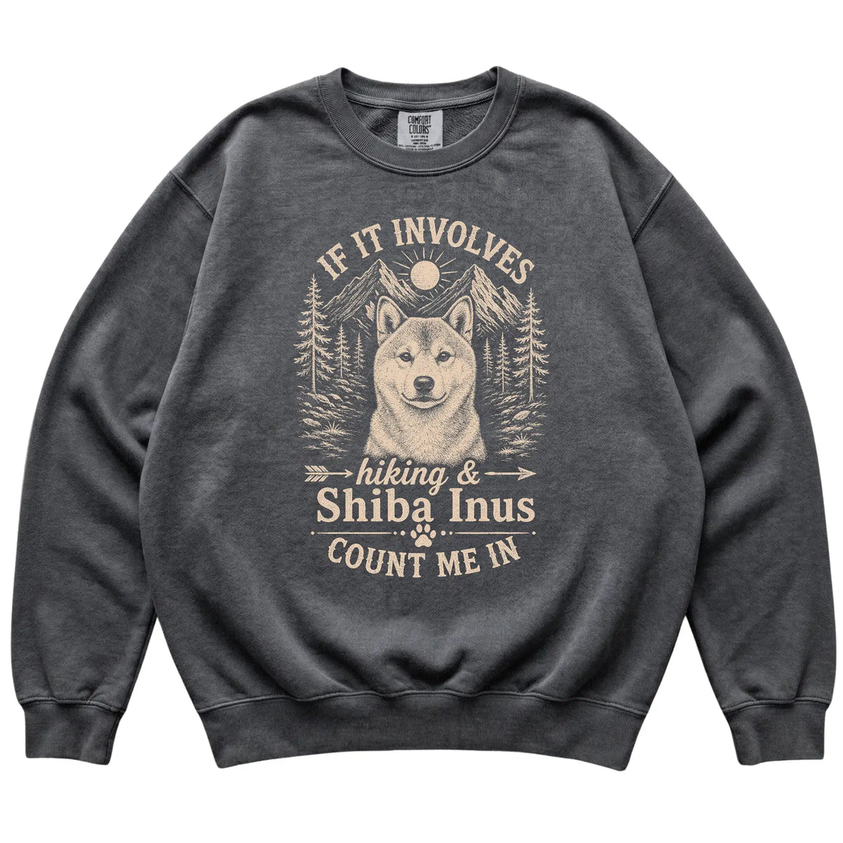 Pepper Comfort Colors® sweatshirt featuring Hiking and Shiba Inus, laid-flat presentation