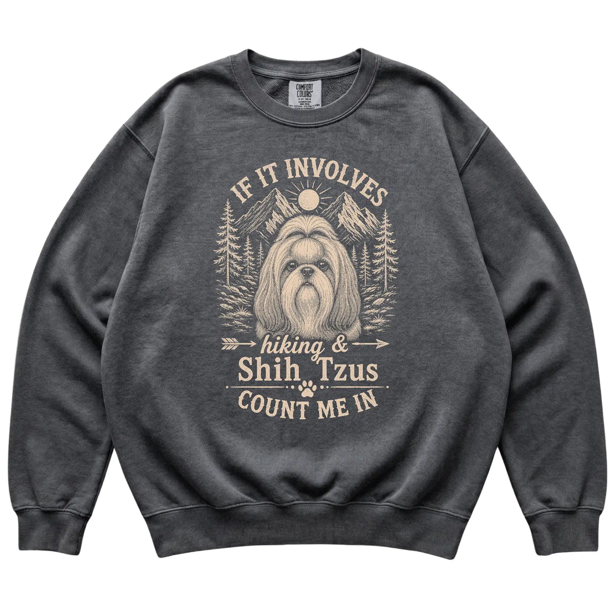 Pepper Comfort Colors® sweatshirt featuring Hiking and Shih Tzus, laid-flat presentation