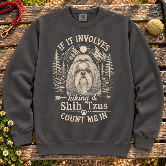 Shih Tzu Hiking and Shih Tzus on a Pepper crewneck sweatshirt, shown flat