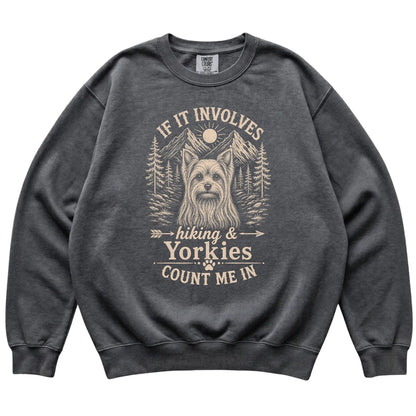 Pepper Comfort Colors® sweatshirt featuring Hiking and Yorkies, laid-flat presentation