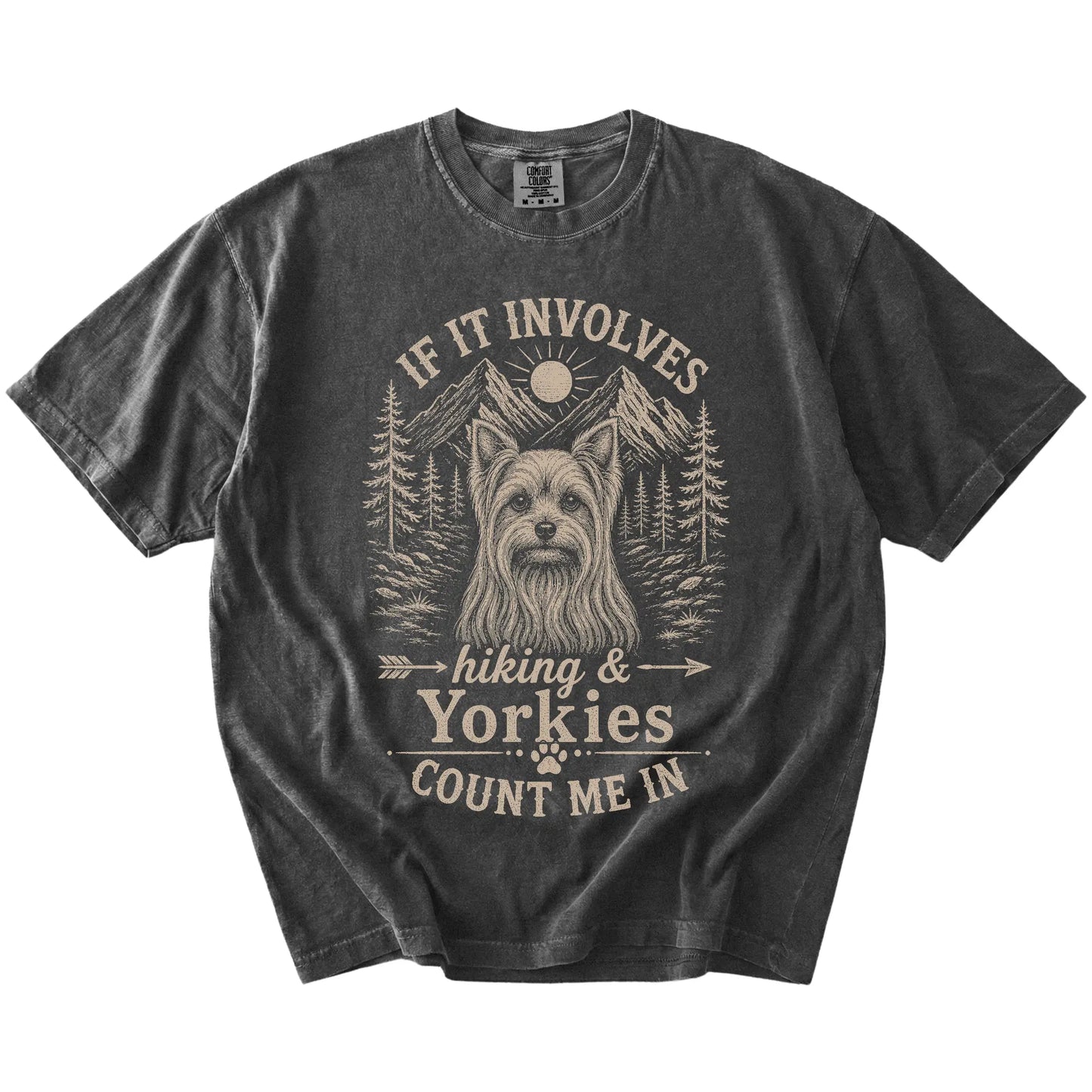 Yorkie hiking design with mountain scenery on a Pepper Comfort Colors® T-shirt